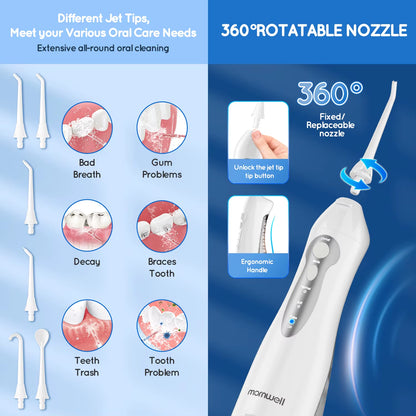 D52 Portable Cordless Water Flosser USB Rechargeable Water Jet Floss Tooth Pick 6 Jet Tip 300Ml 3 Modes Teeth Clean for Travel