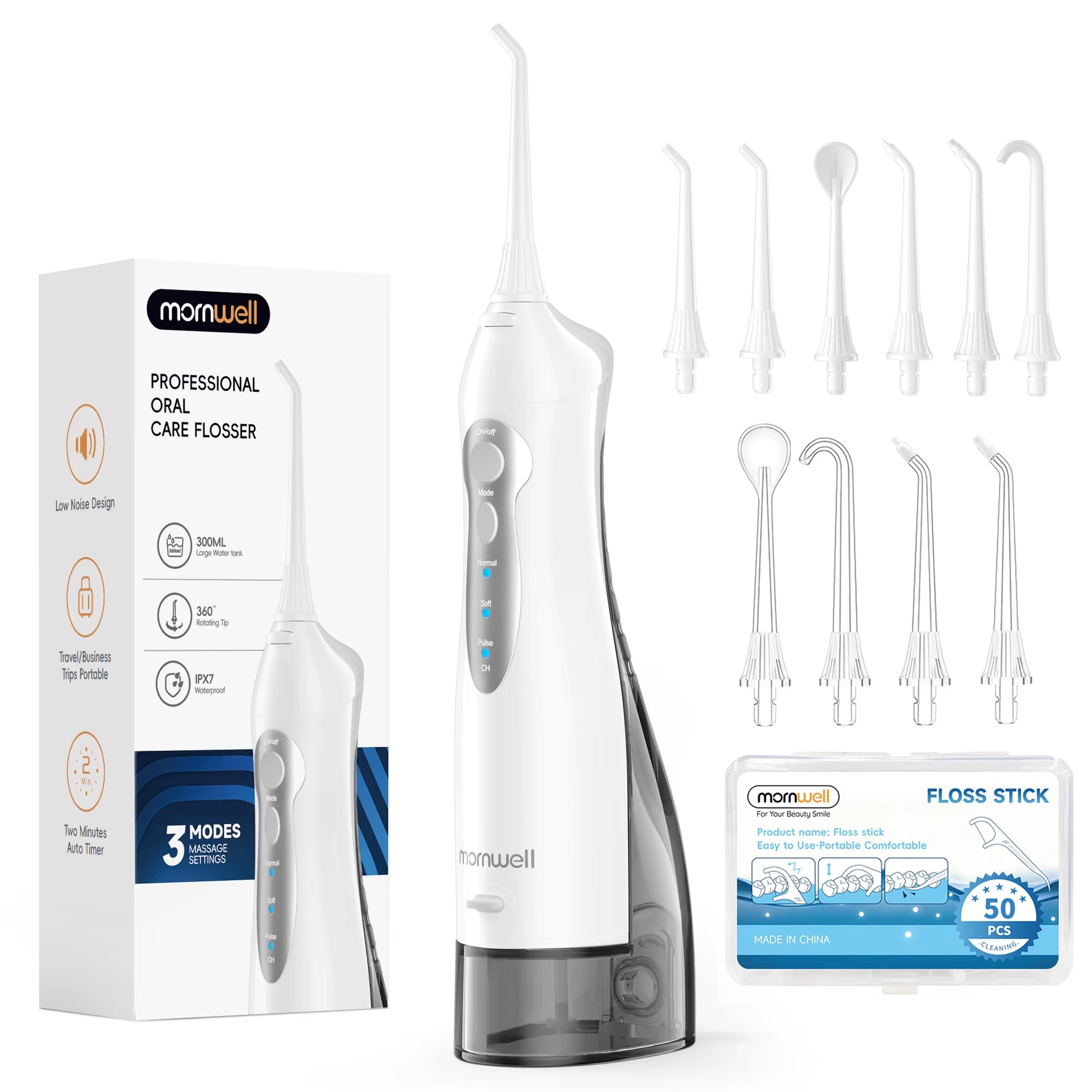 D52 Portable Cordless Water Flosser USB Rechargeable Water Jet Floss Tooth Pick 6 Jet Tip 300Ml 3 Modes Teeth Clean for Travel